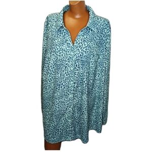 Denim Co Split Neck Tunic Shirt Plus 3X Blue Animal Print Button Resort Cruise